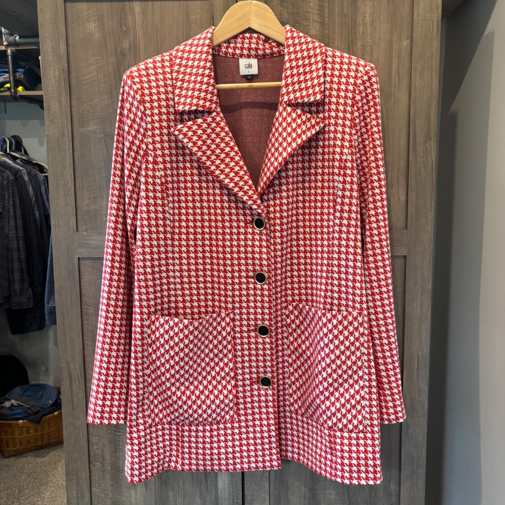 Cabi Jacket Red White Houndstooth Coat 4249 Large Button Up